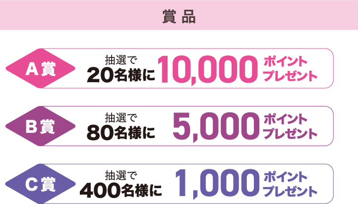 賞品 A賞 抽選で20名様に10,000ポイントプレゼント B賞 抽選で80名様に5,000ポイントプレゼント C賞 抽選で400名様に1,000ポイントプレゼント