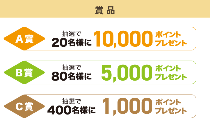 賞品 A賞 抽選で20名様に10,000ポイントプレゼント B賞 抽選で80名様に5,000ポイントプレゼント C賞 抽選で400名様に1,000ポイントプレゼント