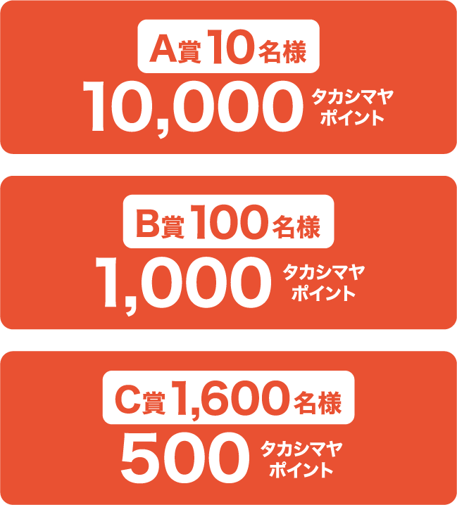 A賞：10名様に10,000タカシマヤポイント / B賞：100名様に1,000タカシマヤポイント / C賞：1,600名様に500タカシマヤポイント