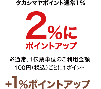 タカシマヤポイント通常1% 2%にポイントアップ ※通常、1伝票単位のご利用金額 100円（税込）ごとに1ポイント　＋1%ポイントアップ