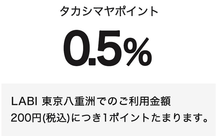 タカシマヤポイント0.5％　LABI 東京八重洲でのご利用金額200円（税込）につき1ポイントたまります。